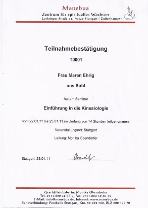 Teilnahmebestätigung des Institut Manebua - Zentrum für spirituelles wachsen, über die Teilnahme am Seminar "Einführung in die Kinesiologie"